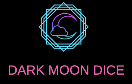 Dark moon dice logo, with a moon and cloud inside a series of geometric shapes